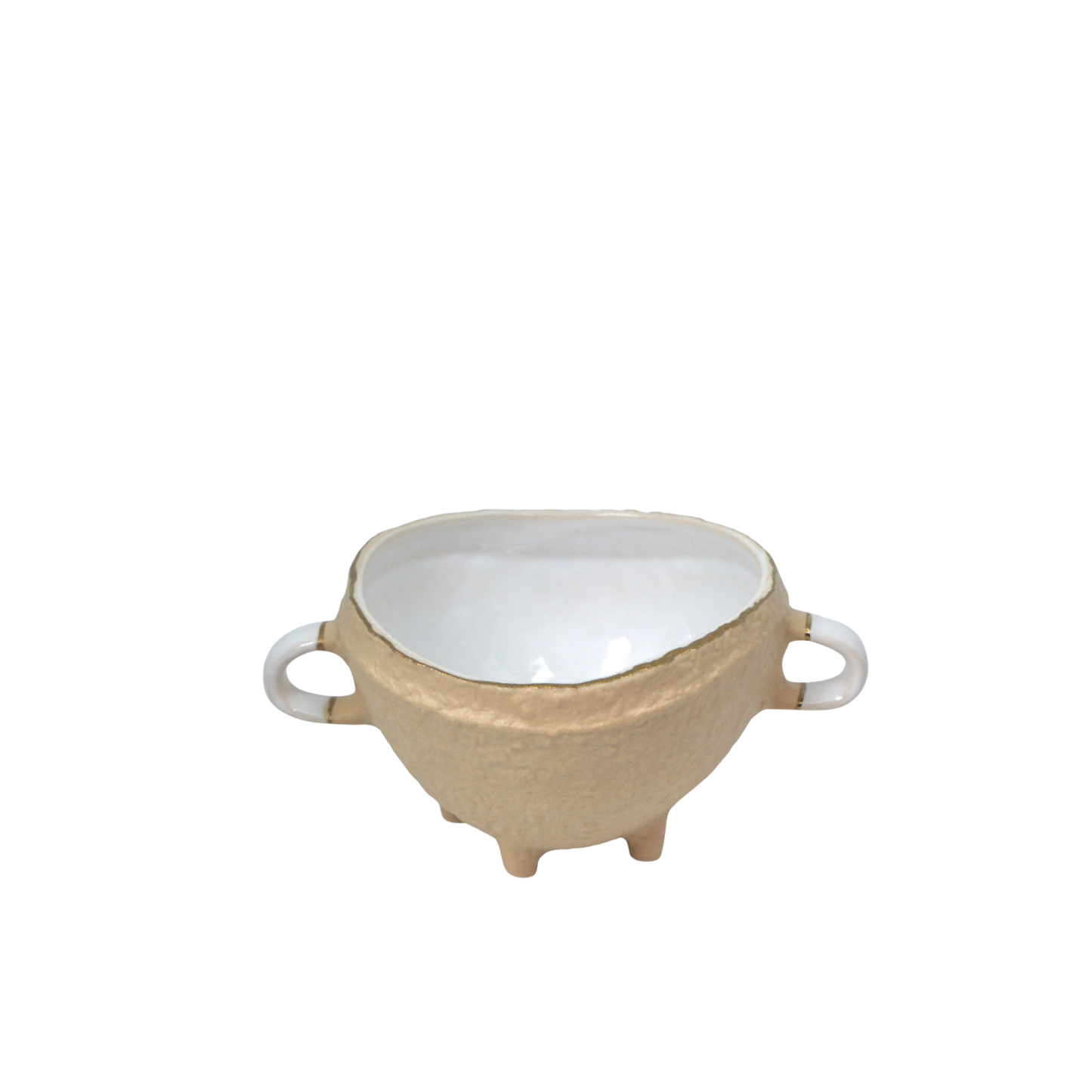 Nosse Ubuntu Bowl Aura Gold – front view of Portuguese ceramic bowl with handles and legs