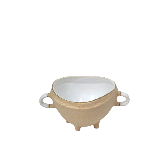 Nosse Ubuntu Bowl Aura Gold – front view of Portuguese ceramic bowl with handles and legs