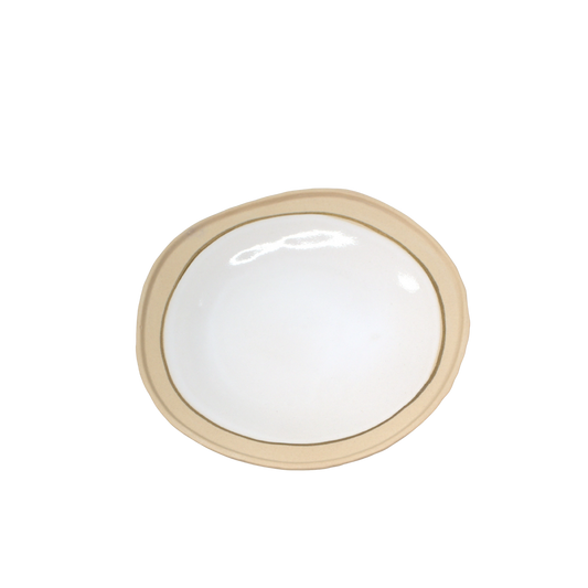 Nosse Ubuntu Dessert Plate Aura Gold – top view of Portuguese ceramic plate with beige rim and white center