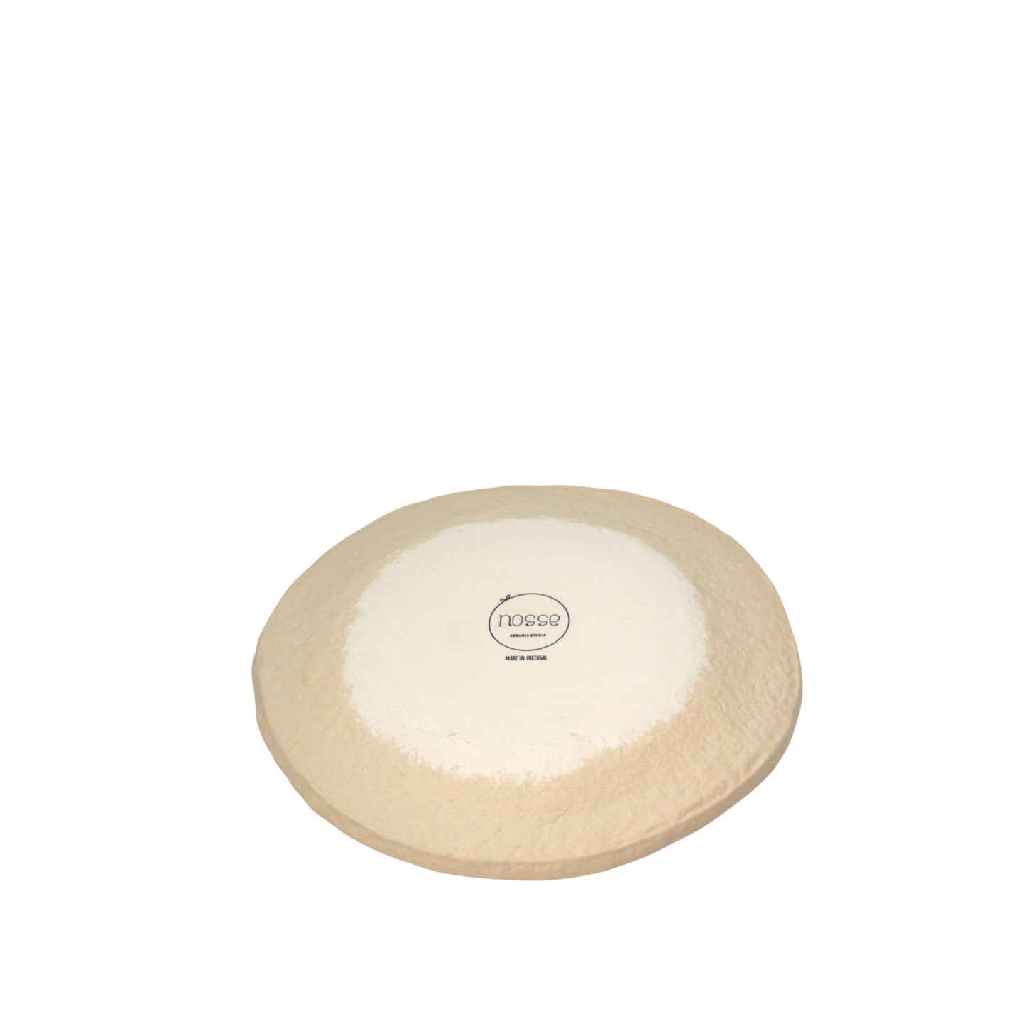 Bottom of Nosse Ubuntu Dessert Plate with Nosse logo and textured clay surface