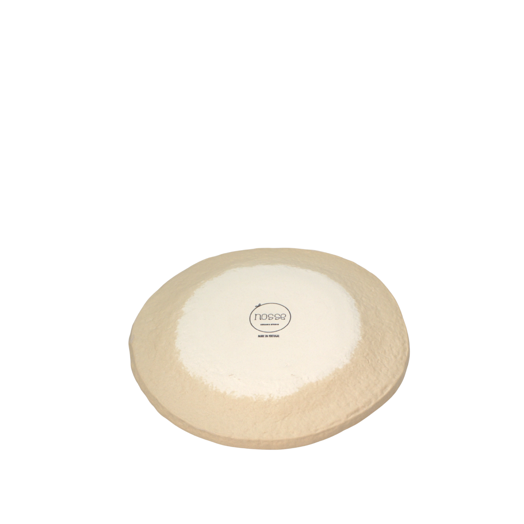 Bottom of Nosse Ubuntu Dessert Plate with Nosse logo and textured clay surface