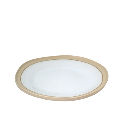 Nosse Ubuntu Plate Aura Gold – top view of modern Portuguese ceramic plate in beige and white