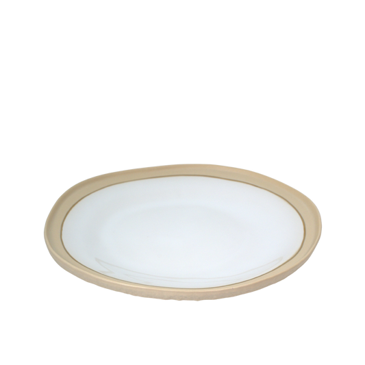 Nosse Ubuntu Plate Aura Gold – top view of modern Portuguese ceramic plate in beige and white