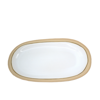 Nosse modern ceramic oval serving platter in beige and white, Portuguese-made tableware.