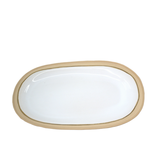 Nosse modern ceramic oval serving platter in beige and white, Portuguese-made tableware.