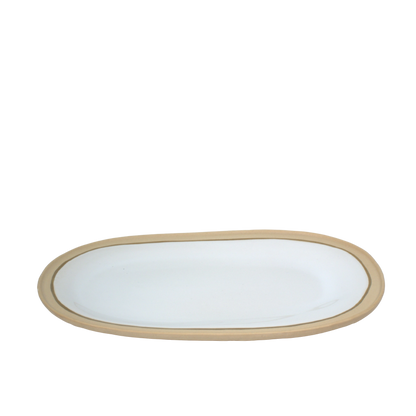 Nosse modern long oval ceramic serving plate, minimalist beige and white design made in Portugal.