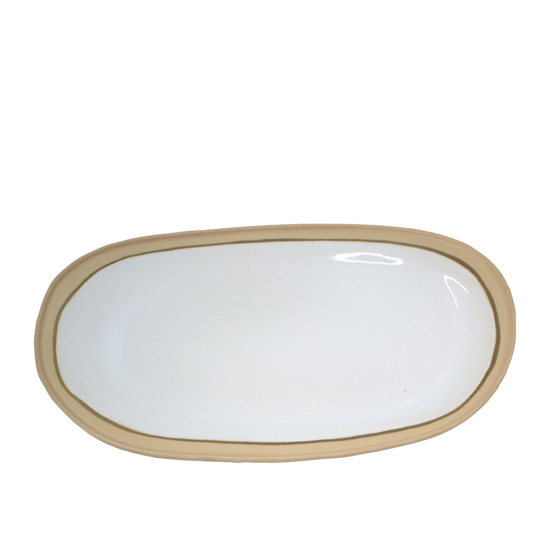Nosse modern ceramic oval platter with beige rim and glossy white glaze, Portuguese tableware.