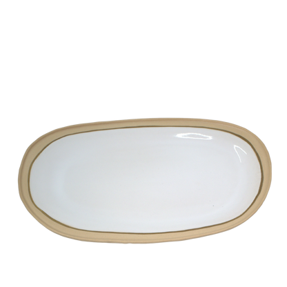 Nosse modern ceramic oval platter with beige rim and glossy white glaze, Portuguese tableware.