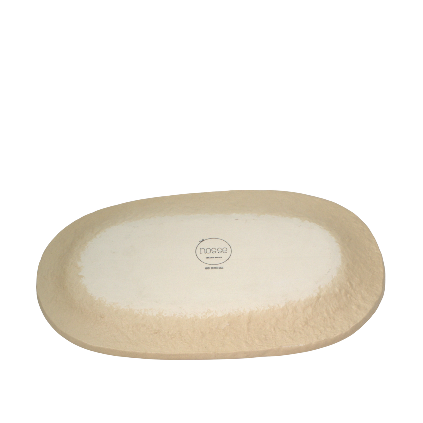 Back view of Nosse ceramic platter with natural beige clay texture and brand logo, made in Portugal.