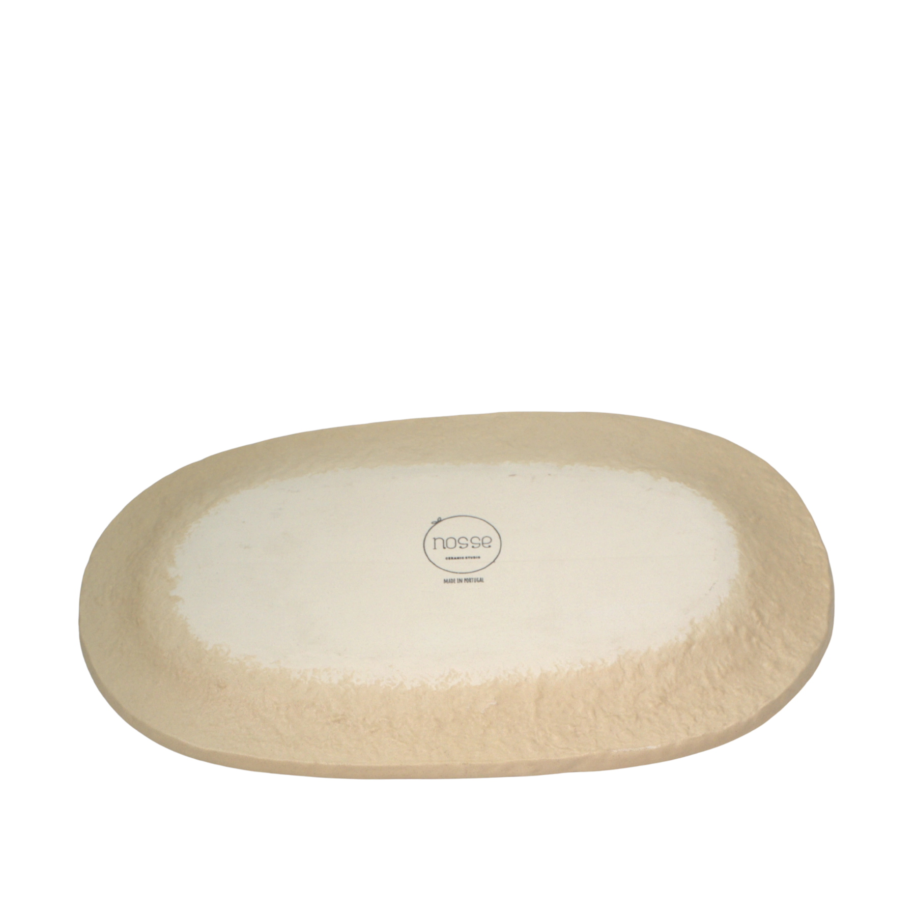 Back view of Nosse ceramic platter with natural beige clay texture and brand logo, made in Portugal.