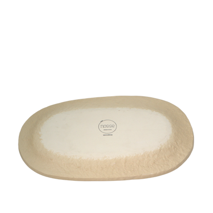 Back view of Nosse ceramic platter with natural beige clay texture and brand logo, made in Portugal.