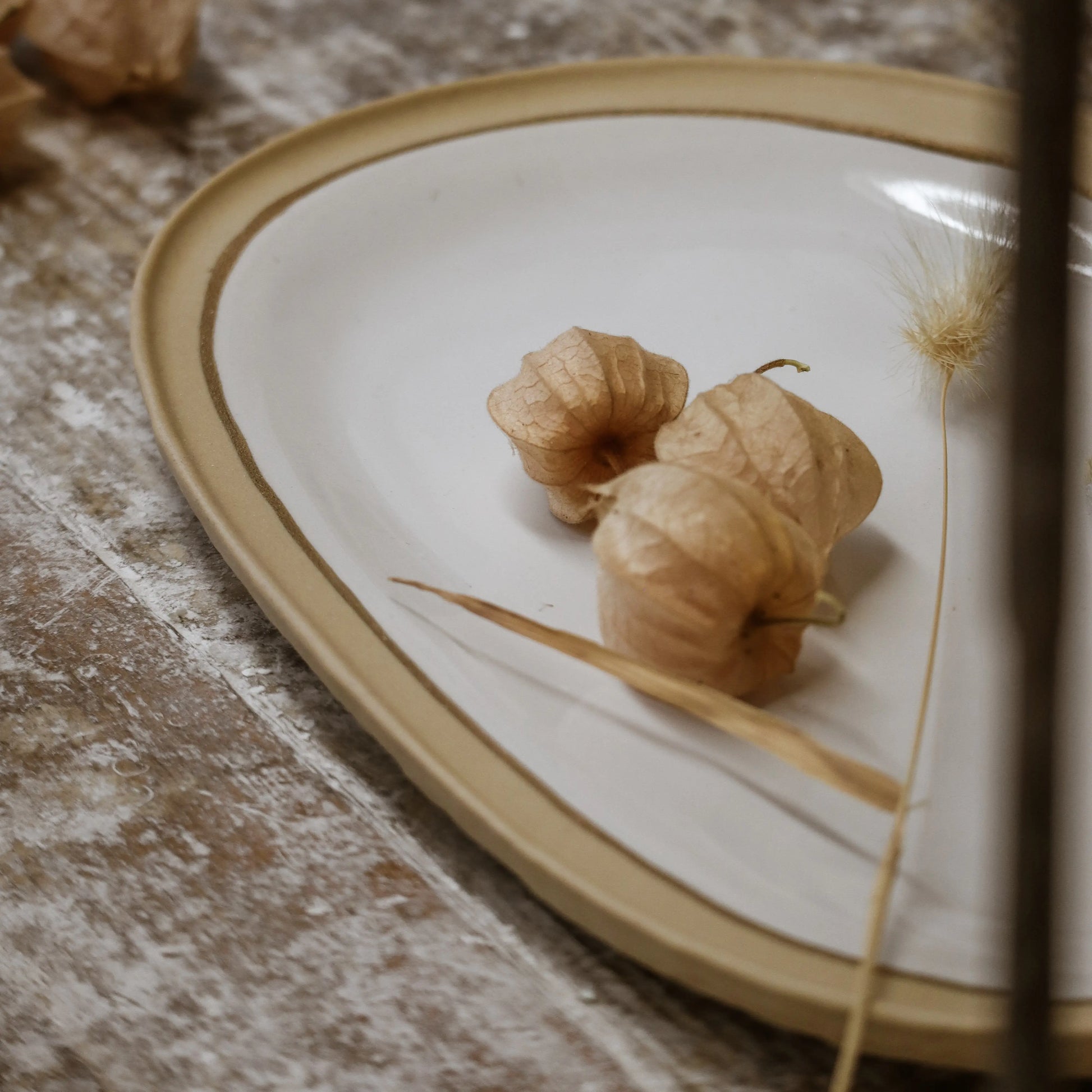 Close-up of Nosse modern ceramic plate with beige rim and white glaze, minimalist Portuguese design.